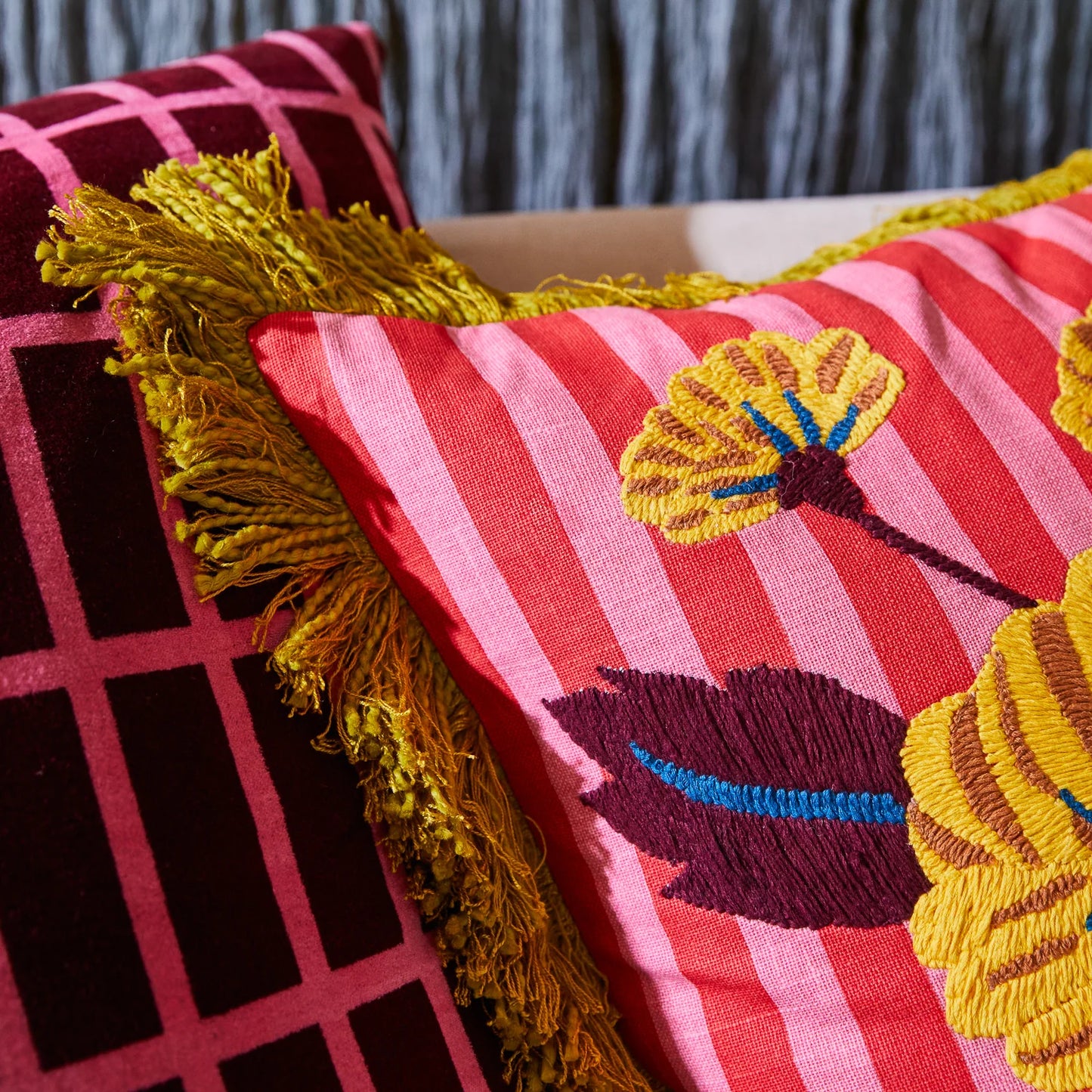 Annette Embroidered Cushion (Cosmo Pink)
