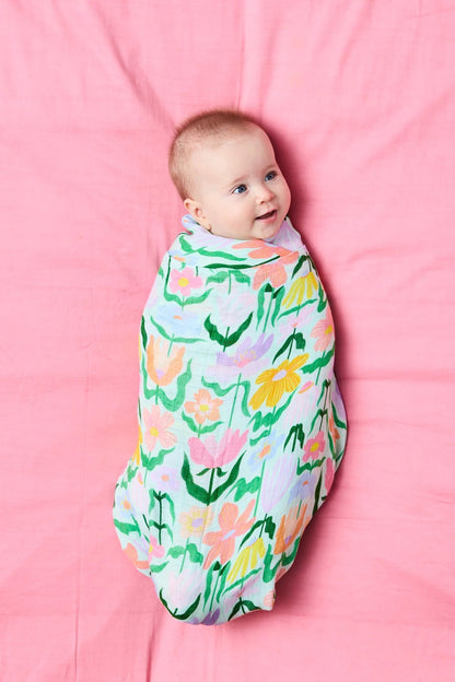 Popping Flowers Green Bamboo Swaddle