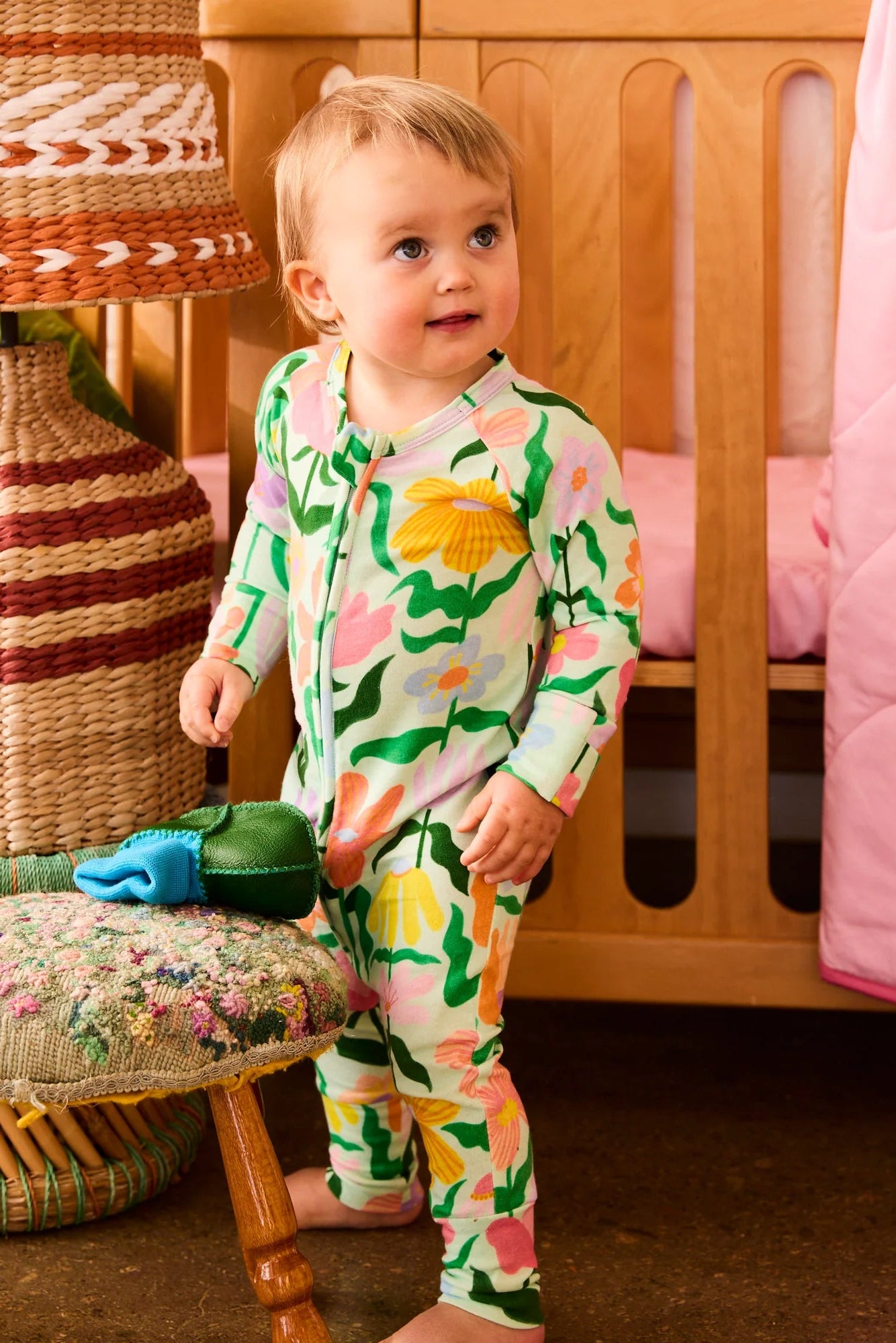 Popping Flowers Green LS Zip Romper