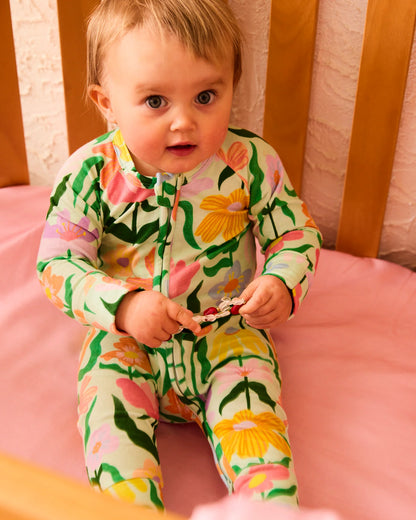 Popping Flowers Green LS Zip Romper