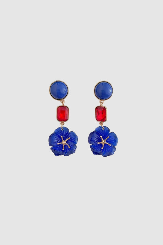 Bling Flower Drop Earrings (Blu/Red)