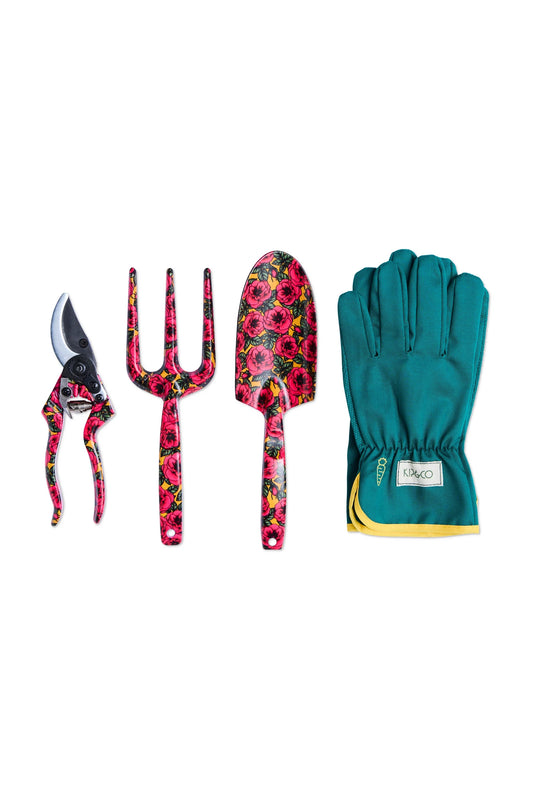 Golden Peony Garden Tools & Gloves Set