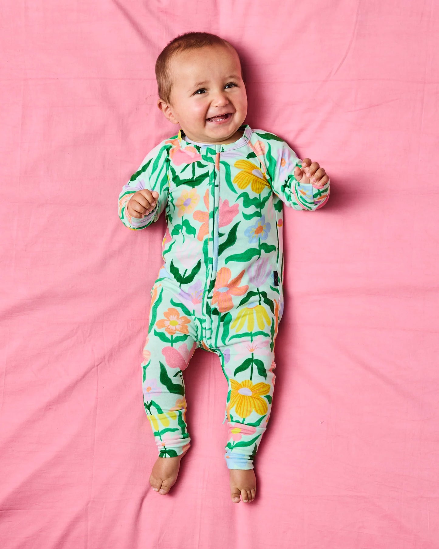 Popping Flowers Green LS Zip Romper