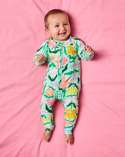 Popping Flowers Green LS Zip Romper