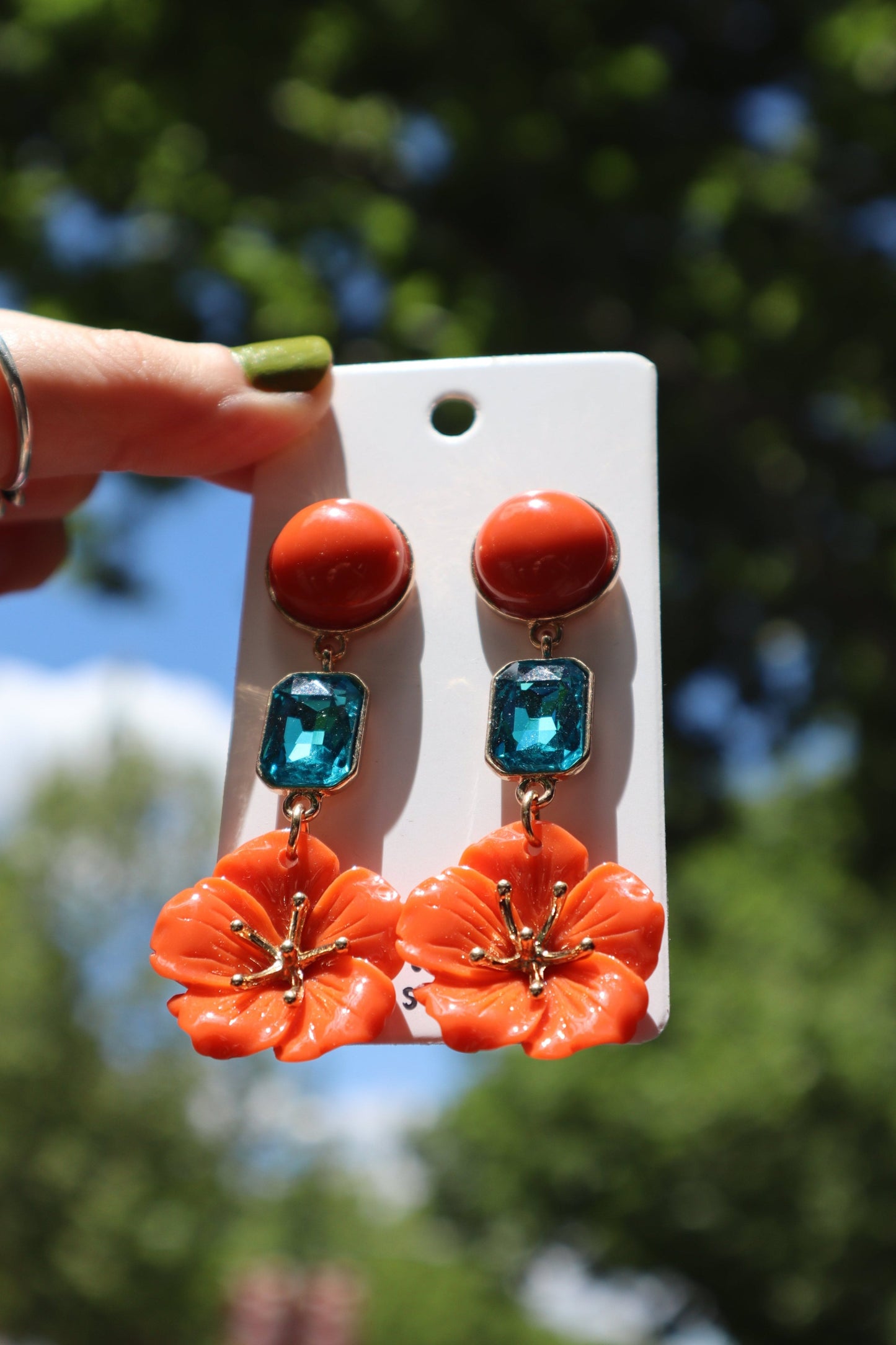 Bling Flower Drop Earrings (Red/Turq)