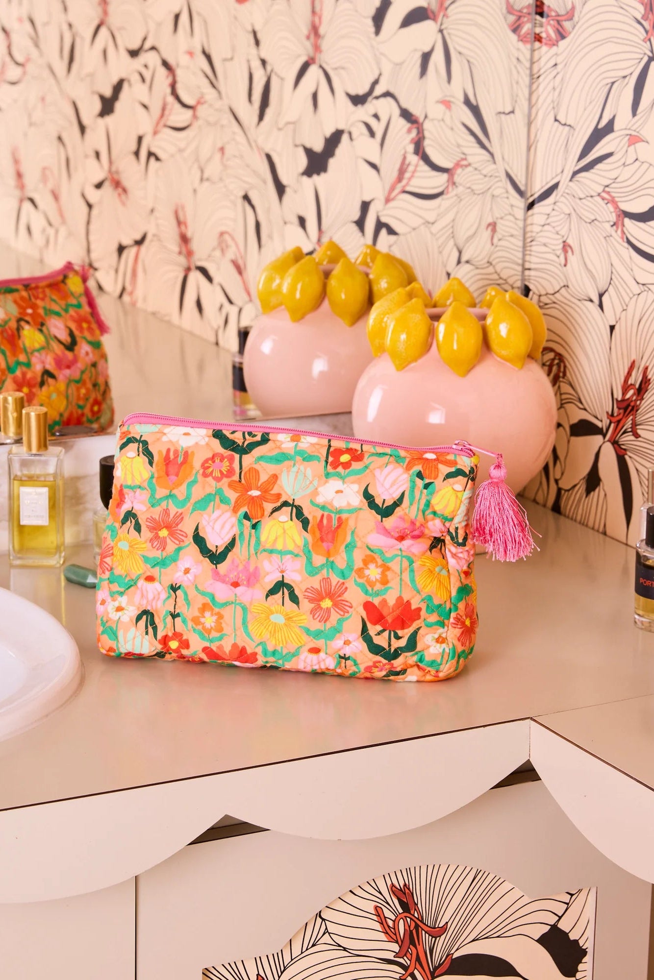 Popping Flowers Peach Quilted Toiletry Purse