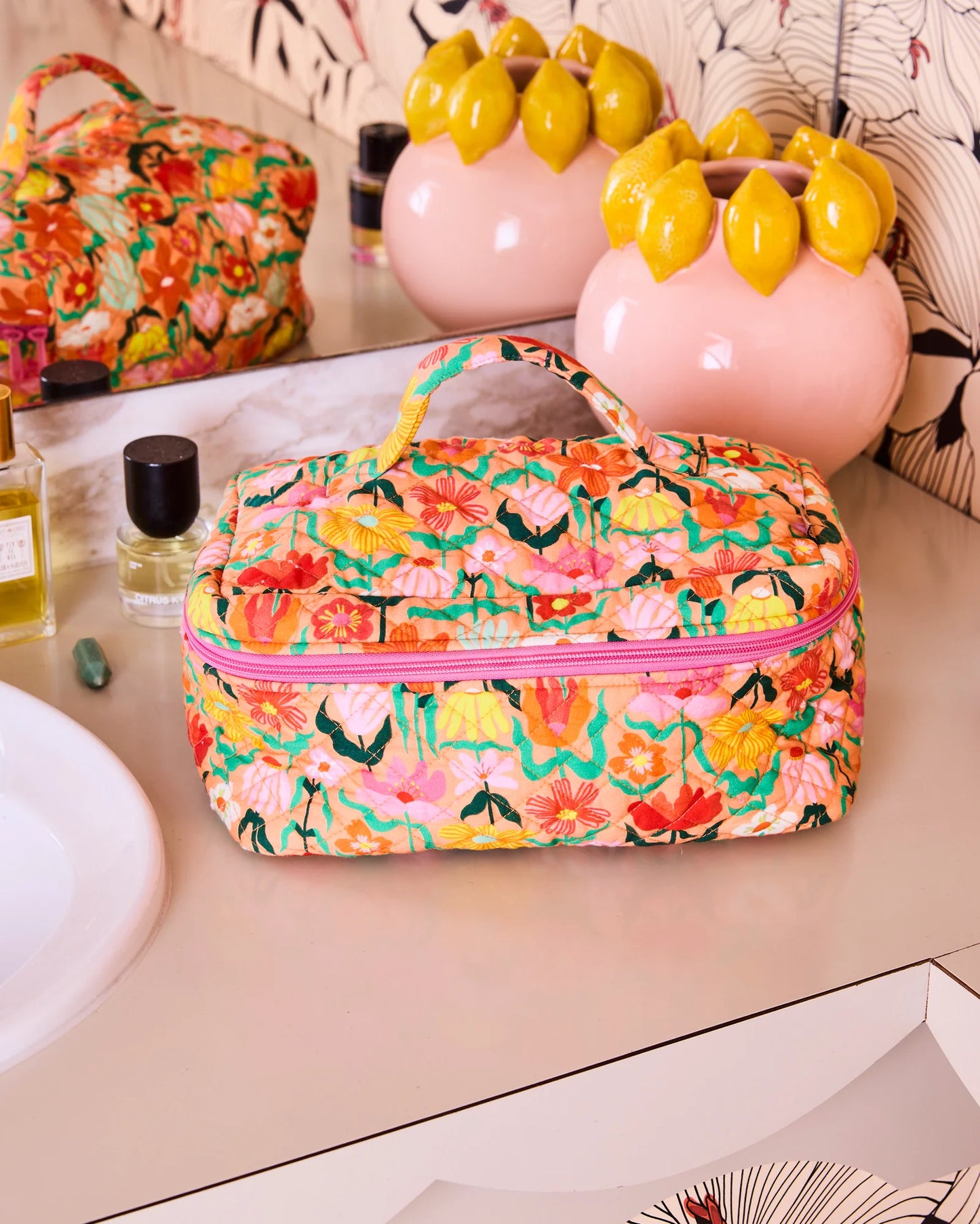 Popping Flowers Peach Quilted Toiletry Case