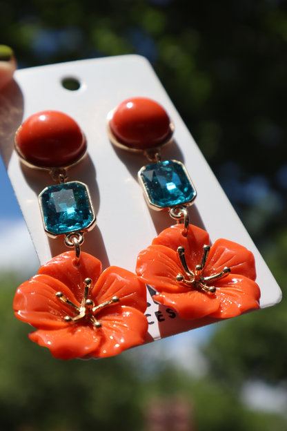 Bling Flower Drop Earrings (Red/Turq)