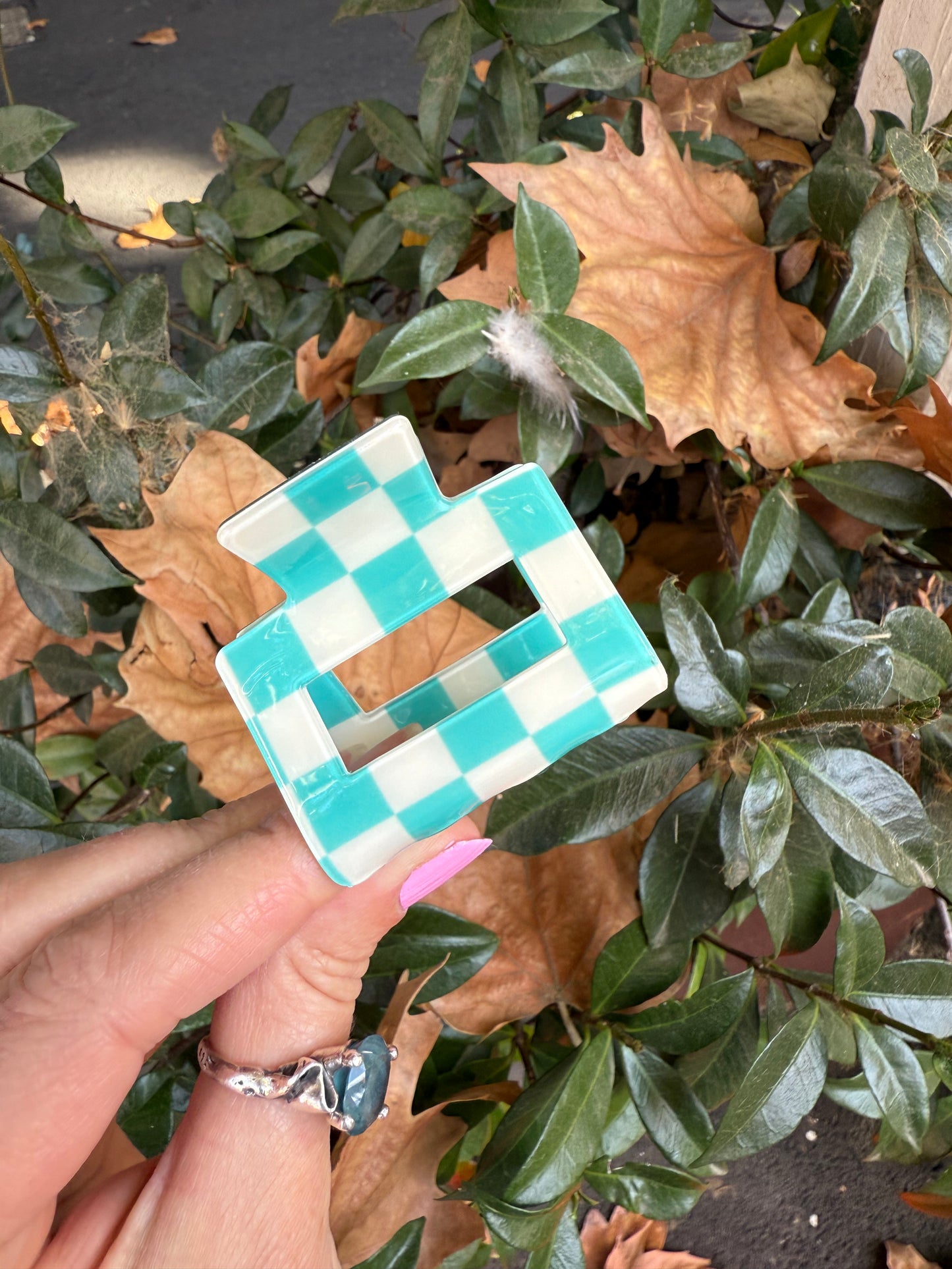 Check Hair Claw Sml (Aqua/Whi)