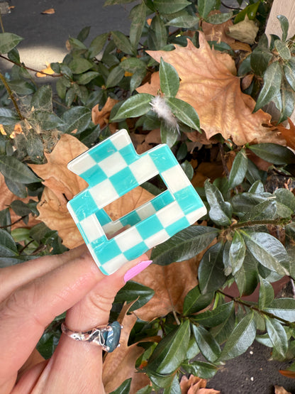 Check Hair Claw Sml (Aqua/Whi)